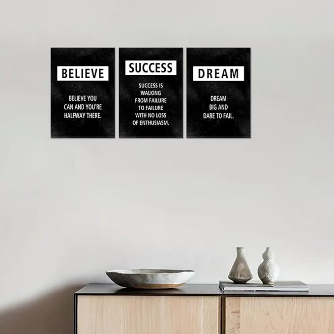 Set of 3 Inspirational Wall Art, Believe Success Dream Positive Quotes Canvas Painting Black Office Picture Artwork Motivational Wall Decor Entrepreneurs Poster for Living Room Bedroom Home, 20"x28"x3