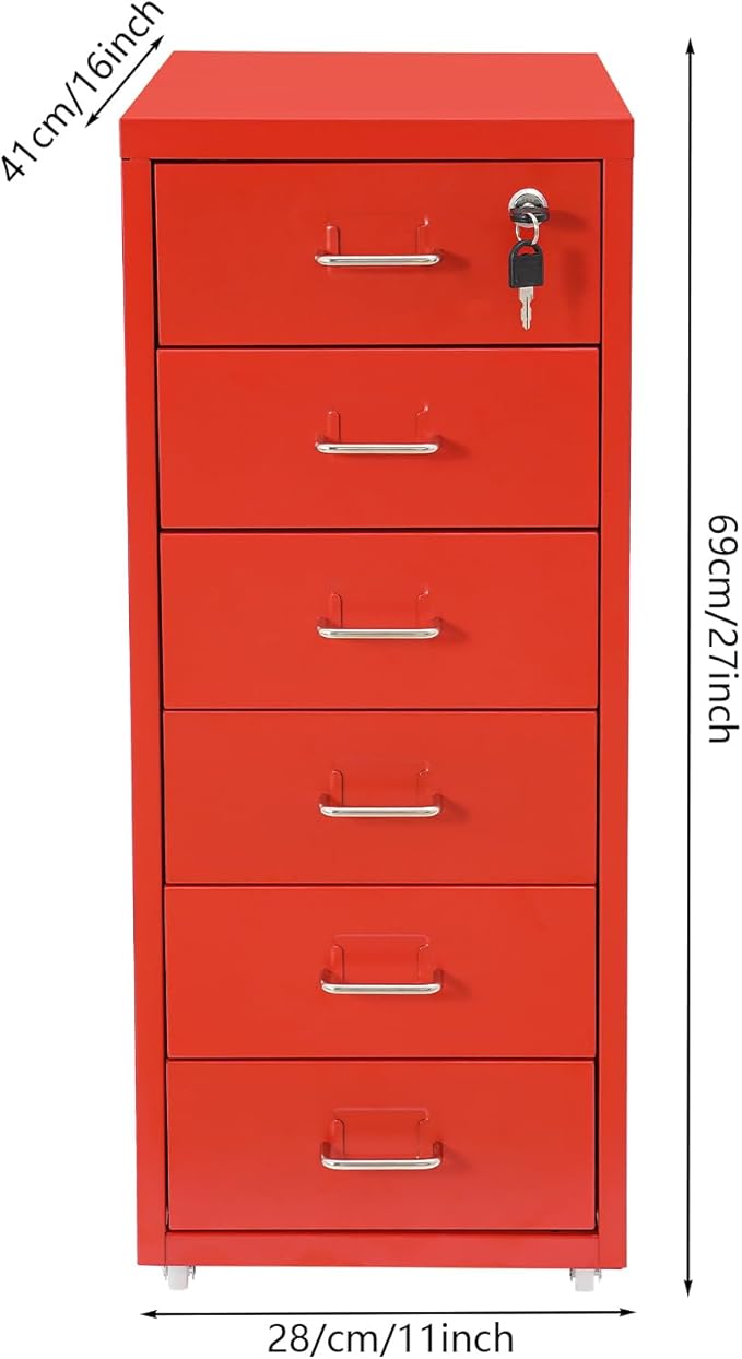 6-Drawer Metal File Cabinet, Mobile File Cabinet with Lock, Rolling Vertical Filing Drawers Under Desk for Home Office, 11 * 16 * 27in (Red)