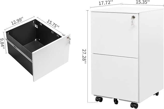 JULYFOX 2 Drawers Mobile File Cabinet W/Lock, 27.2 inch White Steel Filing Cabinet on Casters with 2 Keys Fully Extension Drawers Letter Legal A4 Size 300 lb Heavy Duty-White