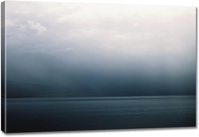 Large Canvas Wall Art Modern Abstract Art Paintings Green Mountains Blue Sea Under the Grey Sky Scenery Framed Artwork Pictures for Living Room Bedroom Hallway Wall Decor 36x24in