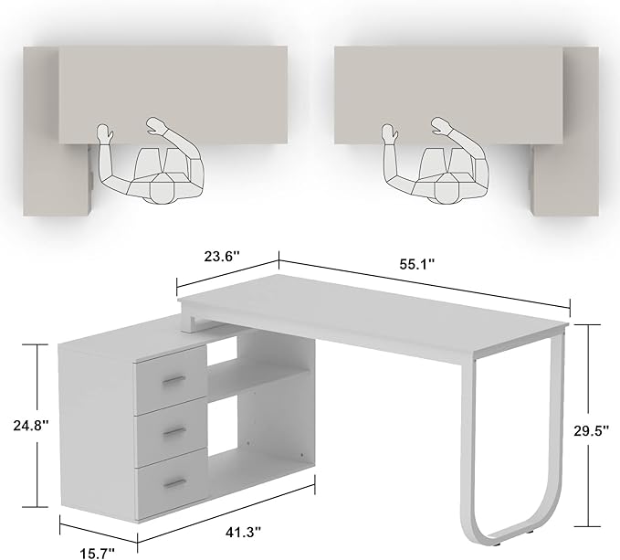 FUFU&GAGA 55.1" Large L-Shaped Office Desk with 39" File Cabinet, Corner Computer Desk with 3 Drawers & 2 Shelves, Workstation Executive Desk with Storage Shelf for Home Office (White)