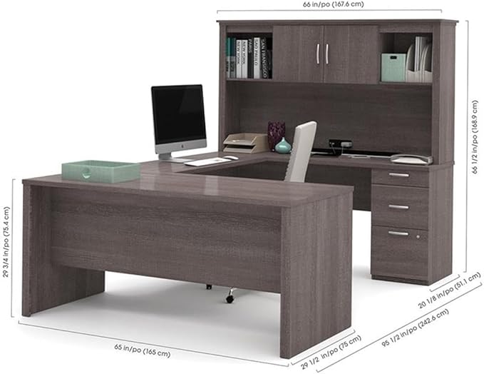 Atlin Designs Modern Wood U Shape Computer Desk with Hutch, Bark Gray Finish, 1" Scratch-Resistant Surface, File Drawer, 95.5 x 66 x 66.5 in Office Desk for Home or Professional Workspace