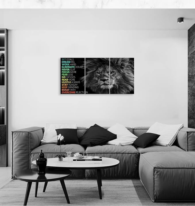 Motivational Lion Canvas Wall Art Office Wall Decor Inspirational Posters Entrepreneur Quote Canvas Print Paintings Framed 3 Panels Artwork Living room Home Decor Ready to Hang[48''Wx 24''H]