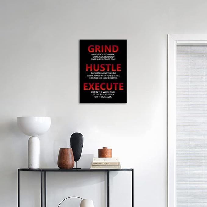 MotivationalCanvas Wall Art Grind Hustle Execute Painting Office Decor Posters Prints Inspirational Entrepreneur Quotes Picture for Wall Decor Living room Gym Framed Ready to Hang[18" W x 24" H]