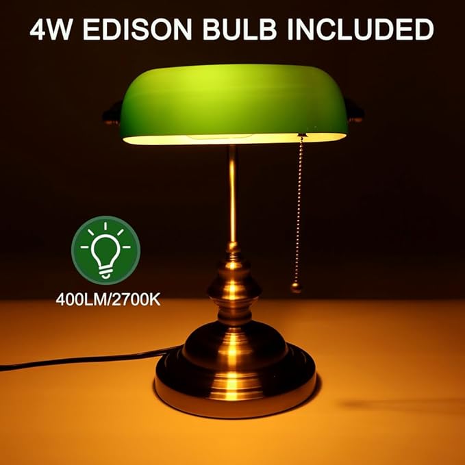 Bankers Lamp Green, Vintage Library Lamp with Pull Chain, Traditional Green Glass Desk Lamp for Home Office, Study Room, Library, LED Bulb Included