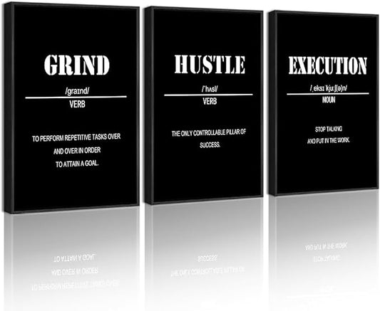 Drsoum Inspirational Office Framed Wall Art Motivational Grind Hustle Success Canvas Wall Decor Encouraging Quotes Sayings Paintings 3 Pieces Artwork Home Bedroom Easy to Hang 8x10in (Black Framed)