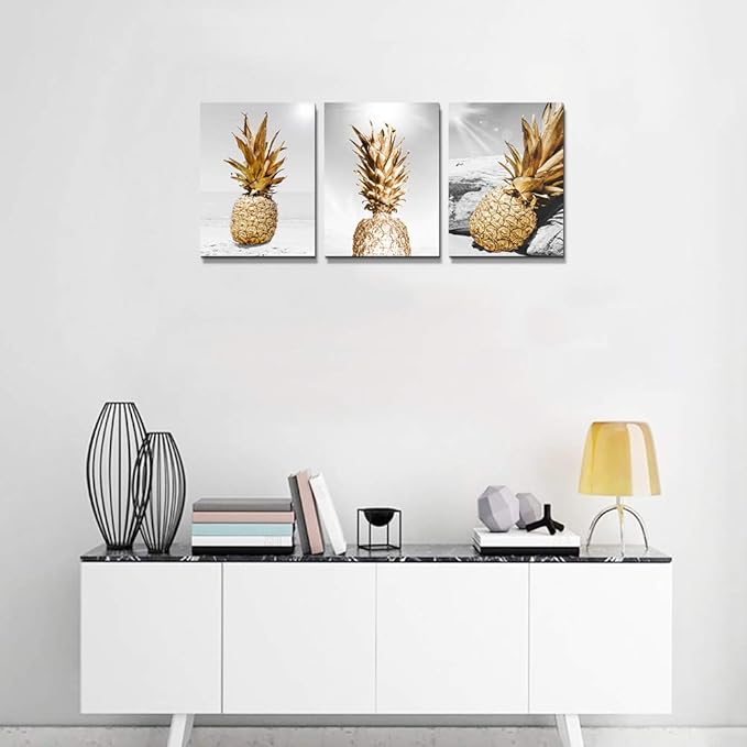 Canvas Wall Art For Bar Kitchen Living Room Office Bathroom Home Decoration Board Black And White Beach Scenery Golden Pineapple Pictures Artwork Restaurant Wall Decor Ready To Hang 20x28inch 3 Piece
