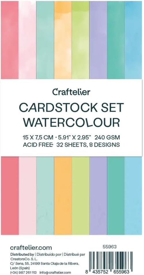 Craftelier - Watercolor Color Cardstock | Pack of Colored Cardstock | Colored Paper for Crafts, Scrapbooking, DIY Projects | 32 Sheets, Double-Sided, 5.91" x 2.95", 8.47oz