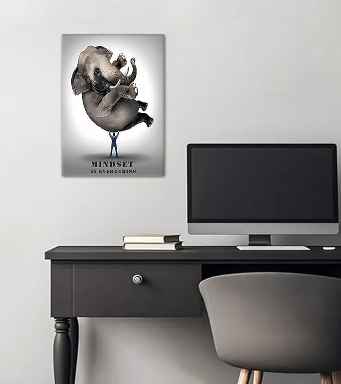 Motivational Office Wall Art – Mindset is Everything Quotes Wall Decor Businessman Lifting Elephant Canvas Print, Framed Inspirational Artwork for Living Room or Bedroom (12" x 16")