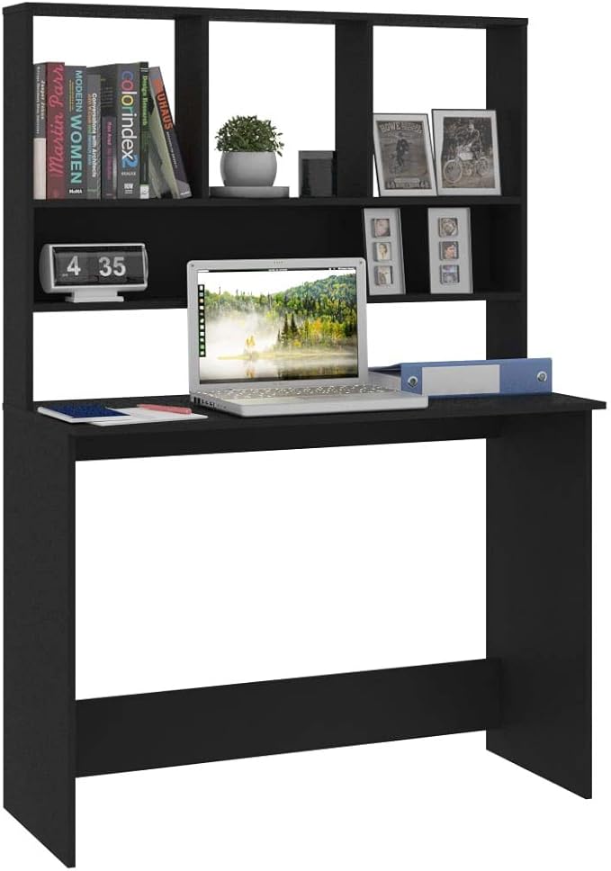 Modern Computer Desk Writing Study Table with Upper Cabinet, Home Office Student Table Laptop PC Writing Desk Home Office Writing Desk, Black 43.3"x17.7"x61.8"