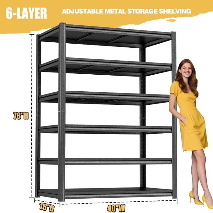 6-Tier Metal Bookshelf, Modern Black Book Shelf, 1800LBS Industrial Tall Display Bookcase, Adjustable Bolt-Free Storage Shelves for Living Room, Bedroom, Kitchen, 40" W x16 D x78 H