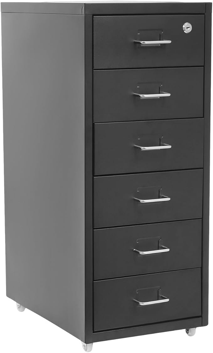6 Drawer Vertical File Cabinet, 27" Lockable Metal Storage Cabinet with 4 Wheels, Mobile Filing Organization Under Desk for Office, Study, Dresser (Black)