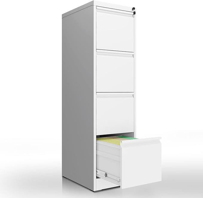 4 Drawer File Cabinet with Lock, Vertical File Cabinet with Lock, Locking File Cabinet Hanging Files for A4/ Legal/Letter, Require Assembly, White