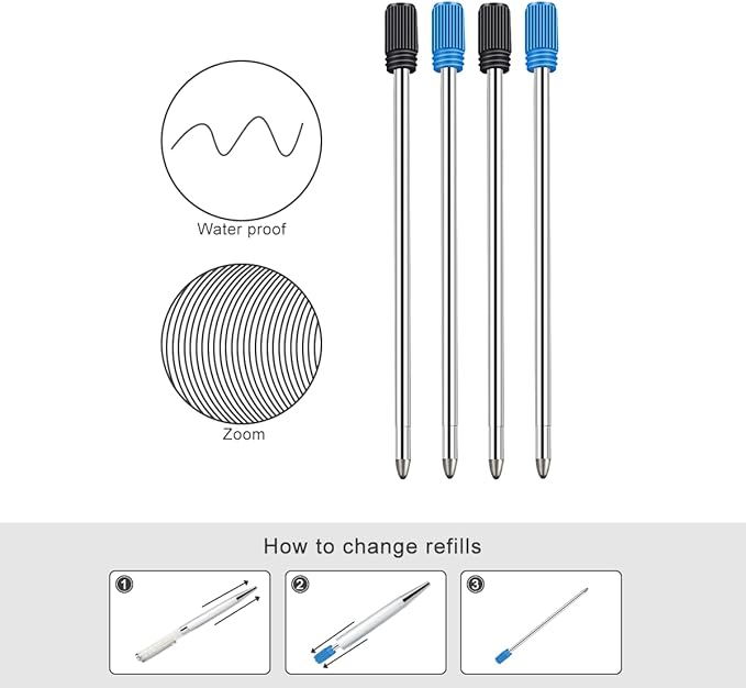 Ballpoint Pen Refills Pack of 20, Smooth Writing 2.75 Inch and 1.0 mm Medium Point Metal Refill, Replaceable Ink Pen Refill for Diamond Crystal Stylus Pens and Ballpoint Pens (Black and Blue)