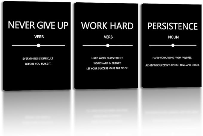 Unbruvo Inspirational Canvas Wall Art, Motivational Office Wall Decor, 3 Pieces Black Never Give Up Positive Quotes Wall Art for Workplace Living Room Bedroom(48''Wx 24''H)