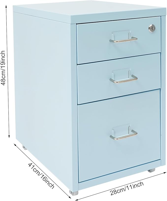 Vertical File Cabinets | 3 Drawer File Cabinet with Wheels| Steel Lockable Storage Cabinets | Metal S-torage Cabinet for Home Office | Storage A4/F4/Letter/Legal (Blue-3 Drawers)