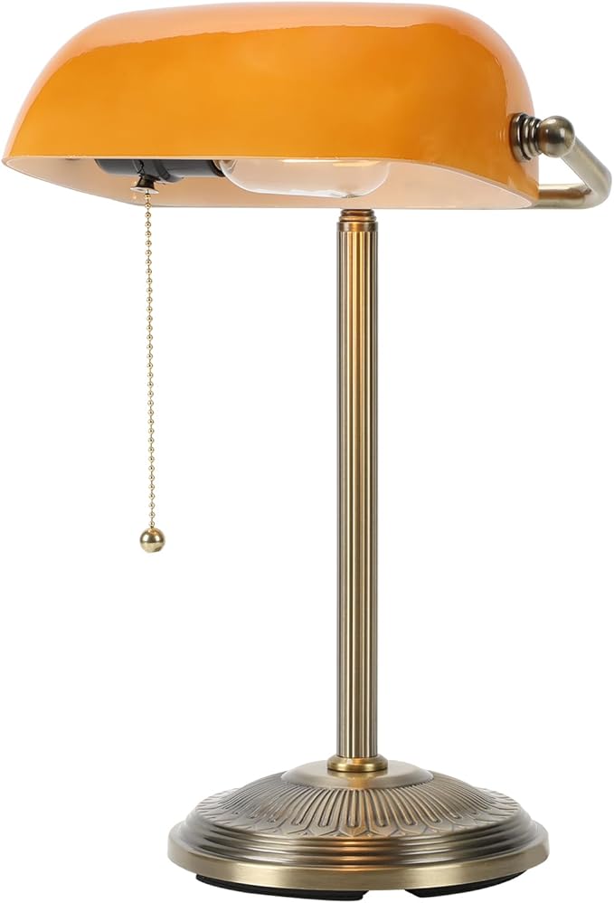 NISSAFORS Bankers Desk Lamp, Amber Glass Shade, Vintage Desk Lamp with Pull Chain Switch, Retro Table Lamps for Home Office (Brass+Amber, Small)