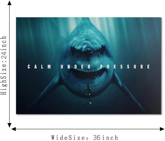 Life Office Motivational Poster Wall Art Calm Under Pressure Shark Seascape Explore Picture Oil Painting on Canvas Wood Framed Modern Gallery Art Living Bedroom Home Office Wall Decor-36''Wx24''H