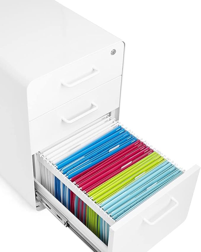 Poppin Stow 3-Drawer Rolling File Cabinet - White. 2 Utility Drawers and 1 Hanging File Drawer. Two Locking and Two Non-Locking Wheels. Powder-Coated Steel. Two Keys Included
