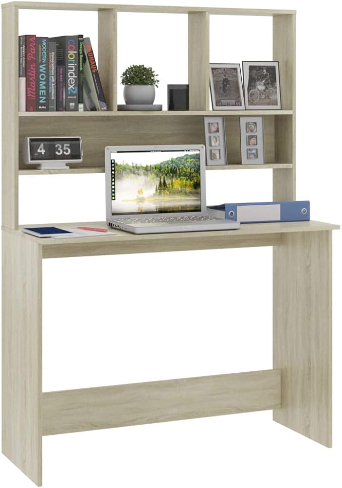 Modern Writing Computer Desk with Shelves and Upper Cabinet, Home Office Desk Writing Study Table PC Desk Workstation for Bedroom, Sonoma Oak 43.3"x17.7"x61.8" Engineered Wood(B)