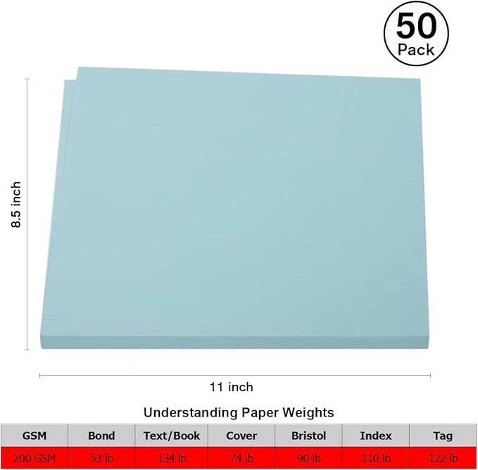 50 Sheets 8.5" x 11" Pastel Blue Cardstock, Heavyweight Cardstock Sheets Blank Invitation Paper Greeting Cards Printable, 75lb Cover 200 GSM