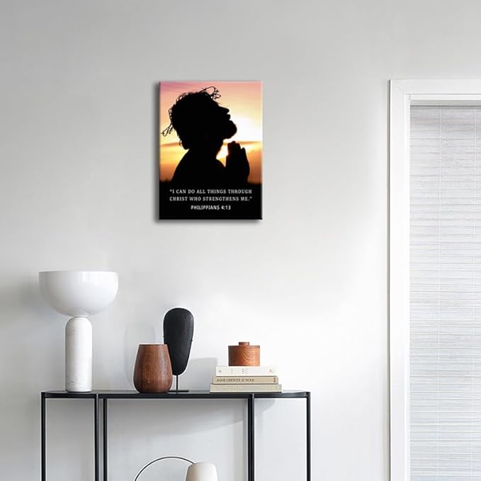 Motivational Wall Decor Philippians 4:13 Bible Verse Poster“I Can Do All Things Through Christ”Jesus Silhouette with Crown of Thorns Inspirational Quote Canvas for Church Home Indoor [18" W X 24" H]
