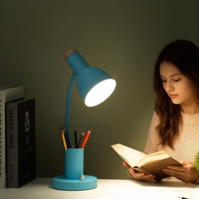 Desk Lamp with Pen Holder, Green, Wood Accent, Adjustable Gooseneck, Modern Study Light (Green)