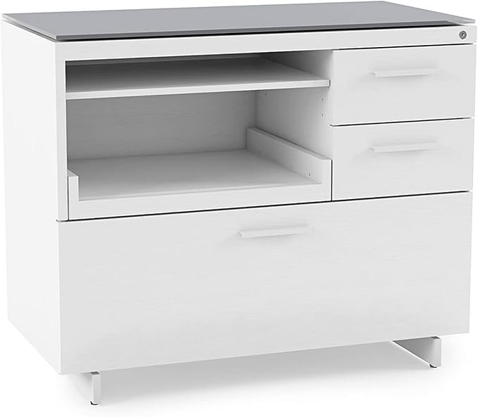 BDI Furniture Centro 6417-35'' Locking Lateral 3-Drawer File Cabinet with Letter or Legal-Size File Drawer, 2 Storage Drawers, Pull Out Printer Tray, Adjustable Shelf, Glass Top, Satin White