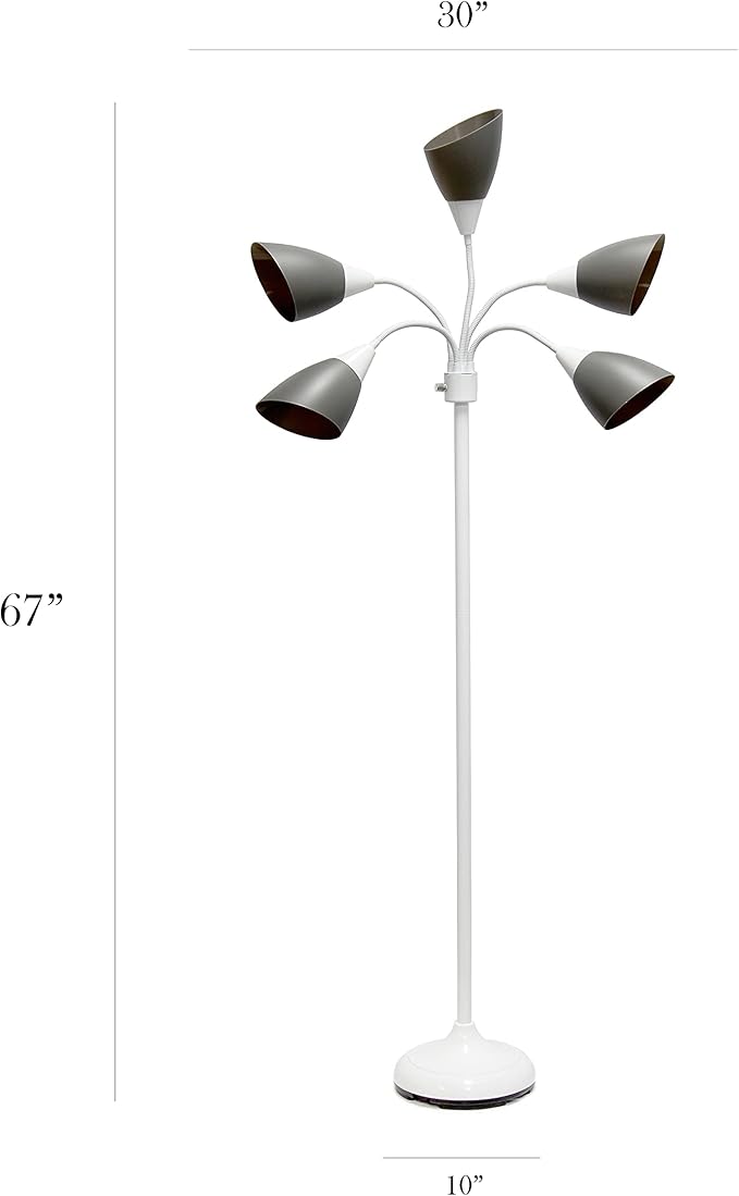 Simple Designs LF2006-GOW 67" Contemporary Multi Head Medusa 5 Light Adjustable Gooseneck White Floor Lamp with Gray Shades for Kids Bedroom Playroom Living Room Office