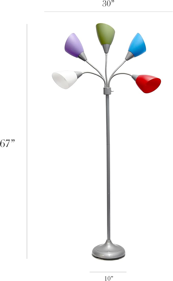 Simple Designs LF2006-SDM 67" Contemporary Multi Head Medusa 5 Light Adjustable Gooseneck Silver Floor Lamp with Primary Dark Multicolored Shades for Kids Bedroom Playroom Living Room Office
