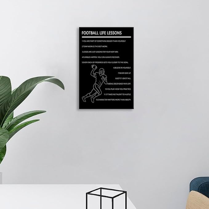 WYJDFART “Football Life Lessons” Wall Art Motivational Quotes Poster Inspirational Football Player Canvas Print for Home Boys Bedroom Gym Locker Room Decor Framed Ready to Hang [12" W X 18" H]