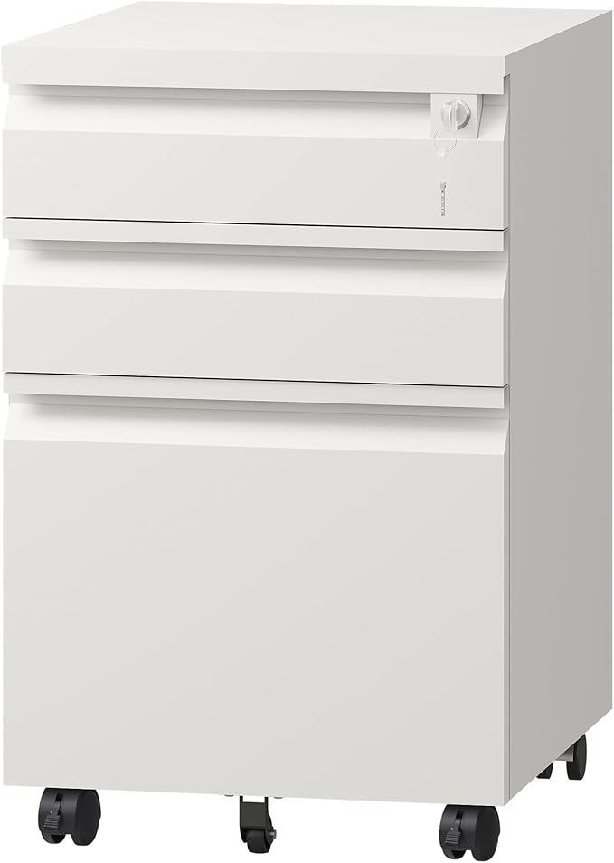 DEVAISE 3-Drawer File Cabinet with Lock & Wheels, White Metal Filing Cabinet for Home Office, Under Desk Storage, Mobile Vertical Organizer Fits Letter/A4, Requires Installation (17" D x15 W x24 H)