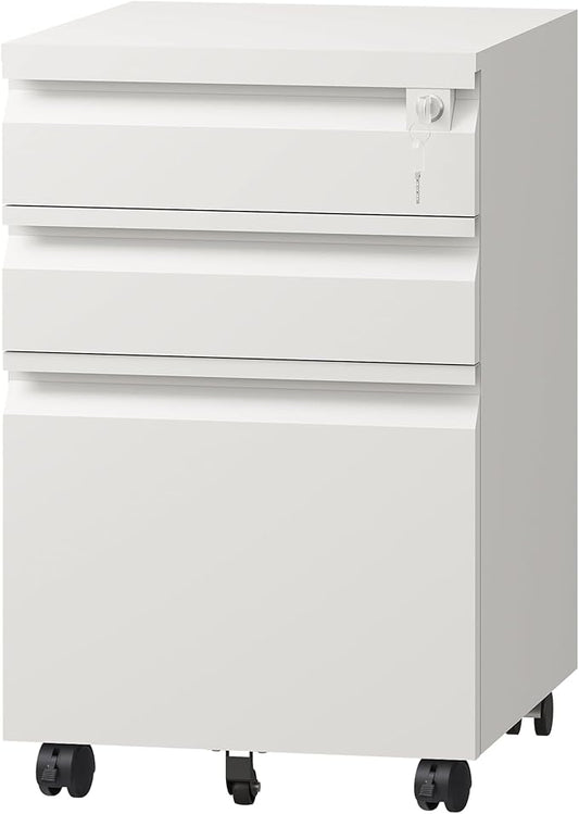 DEVAISE 3-Drawer File Cabinet with Lock & Wheels, White Metal Filing Cabinet for Home Office, Under Desk Storage, Mobile Vertical Organizer Fits Letter/A4, Requires Installation (17" D x15 W x24 H)