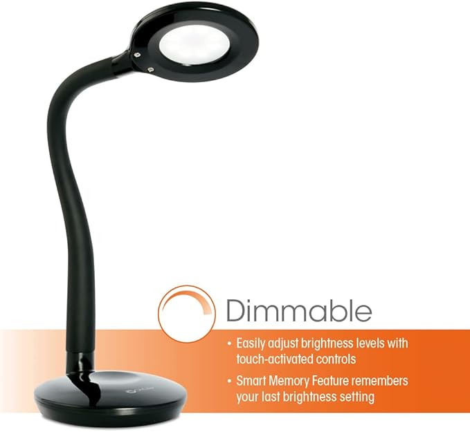 OttLite D59PNB-FFP Soft Touch Flex Led Lamp, Desk Lamp, Space Saving Design, Flexible Adjustment, Dimmable, 10.5" x 5.25" x 11", Black