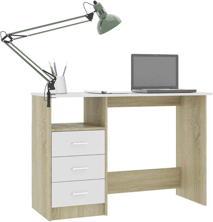 Modern Writing Computer Desk with 3 Drawers, Home Office Desk Writing Study Table PC Desk Workstation for Bedroom, White and Sonoma Oak 43.3"x19.7"x29.9" Engineered Wood(I)
