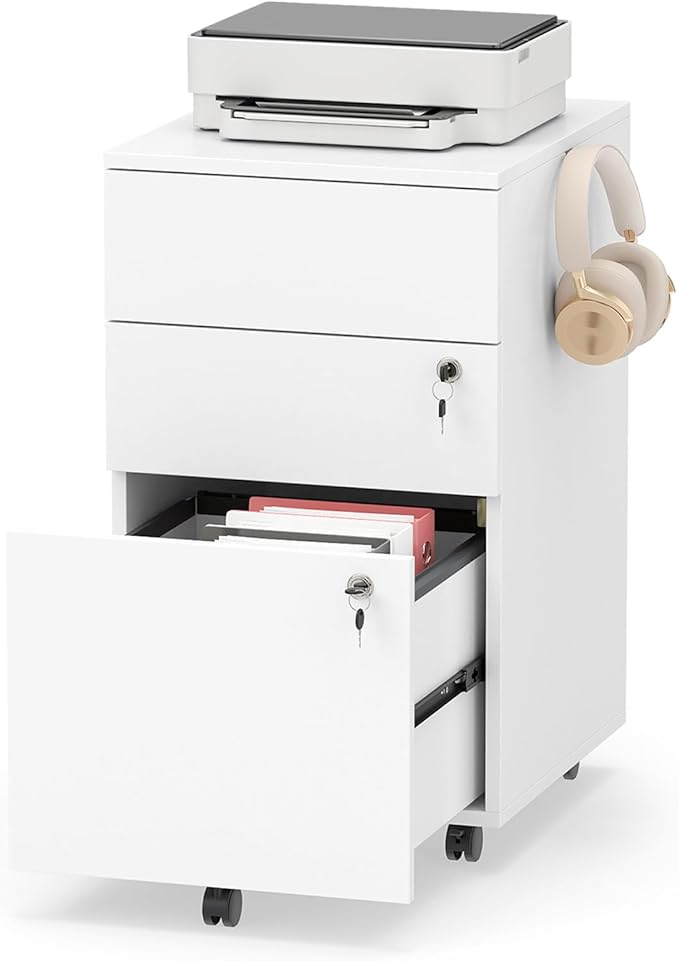 LOKO Mobile File Cabinet with 3 Drawers, Wooden Rolling Filing Cabinet with Lock, Under Desk File Organizer for A4/Letter/Legal Size, for Home Office, Study (White)