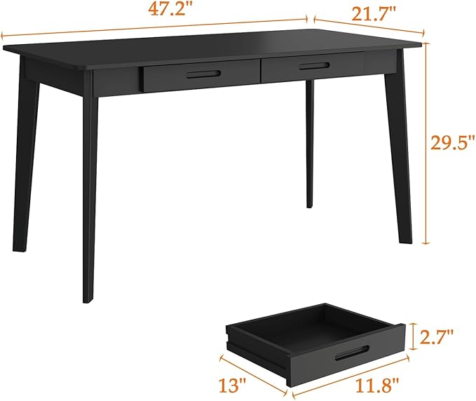 47 Inch Compact Computer Gaming Desk, Black Study Work Office Desk with 2 Storage Drawers, Rectangular Study Reading Table, Simple Computer Writing Table for Home Office, Living Room