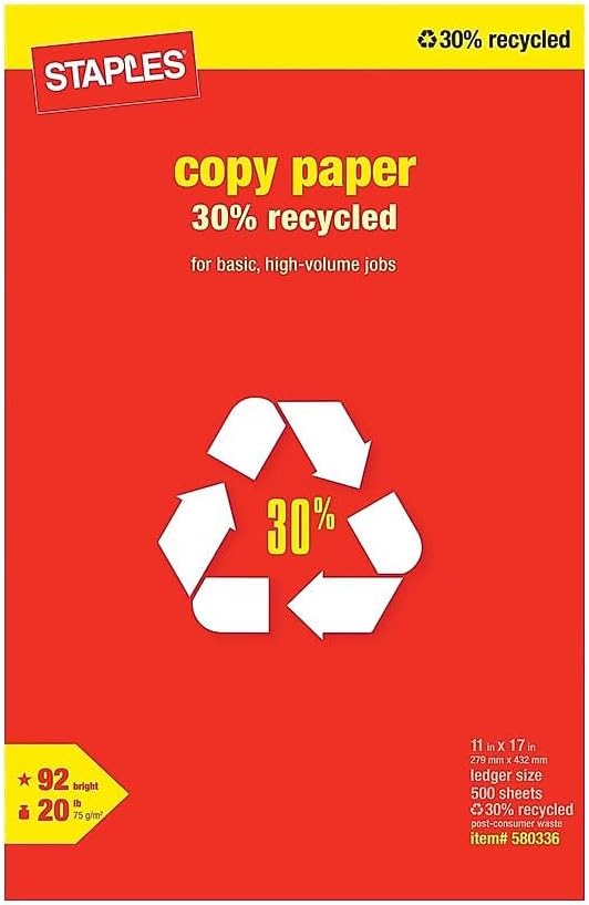 Staples 30% Recycled 11-Inch x 17-Inch Copy Paper 20 lbs 92 Brightness 500/Ream 5 Ream/Count