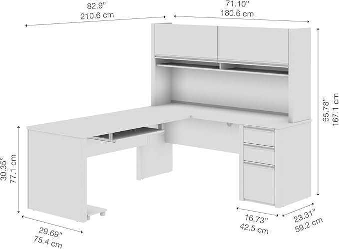 Bestar L Shaped Desk with Drawers, Hutch, and Keyboard Tray, Executive Workstation for Home or Professional Office, 72 Inches, Connexion Collection, Antigua and Black