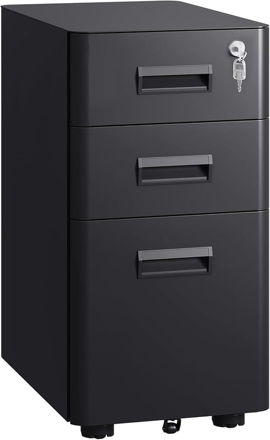 DEVAISE 3 Drawer Mobile File Cabinet with Lock, Under Desk Metal Filing Cabinet for Home Office Fits Legal/Letter/A4 Size, Fully Assembled Except Casters, Black