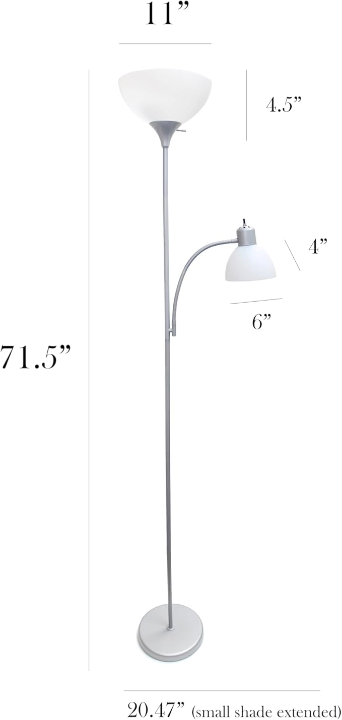 Simple Designs LF2000-SLV-LB 71.5" Traditional Floor Lamp with Adjustable Reading Light, LED Bulbs Included, Silver