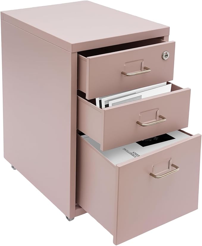 3 Drawer Vertical File Cabinet, Filing Cabinets for Home Office, Metal Vertical File Storage Cabinet with Lock, Locking File Cabinet for Office, Study, Dresser, 11" W x 16" D x 18.3" H, Black (Pink)