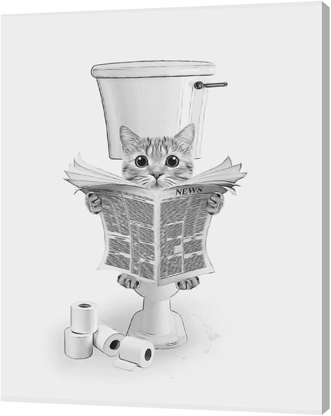 yerretin Funny Cat Bathroom Wall Art Black and White Cat Pictures Wall Decor Animal Bathroom Canvas Painting Modern Artwork Home Decorations Framed Ready to Hang 16"x20"