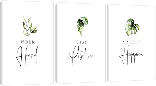 3 Piece Inspirational Wall Art, White Plants Sayings Picture, Quotes Work Stay Make it Canvas Prints for Office Decor, Triptych Entrepreneur Framed Artwork for Women Men Home Wall Decor (36" Wx18 H)