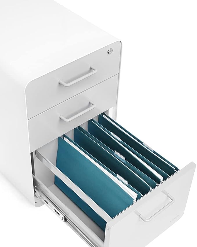 Poppin Stow 3-Drawer Rolling File Cabinet - White and Light Gray. Utility and Hanging File Drawers. Locking and Non-Locking Wheels. Powder-Coated Steel. Two Keys Included