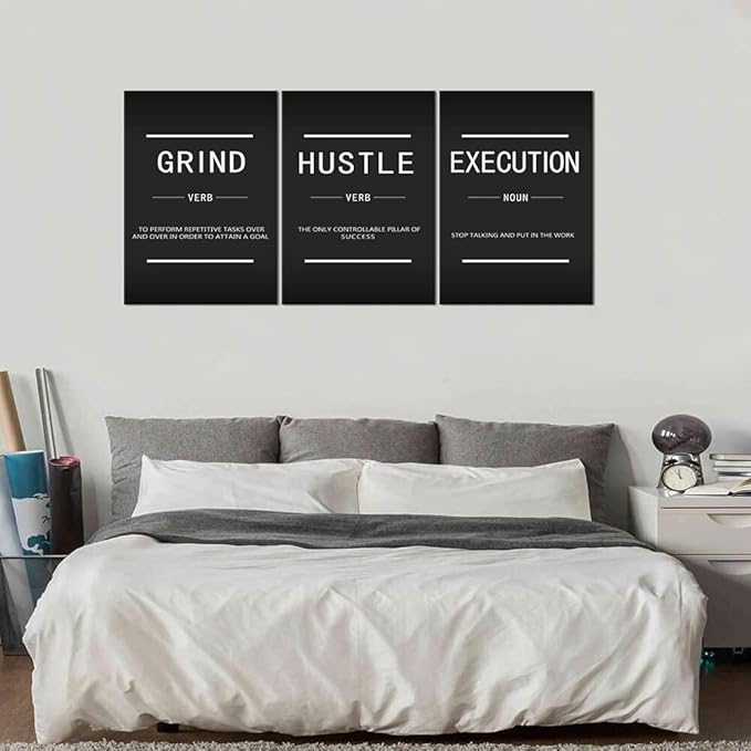 Inspirational Canvas Wall Art Motivational Posters Inspirational Canvas Wall Decor Grind Execution Hustle Entrepreneur Quote 3 Pieces Painting Prints Artwork for Home Decor Framed [60''Wx 28''H]