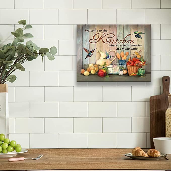 Farmhouse Kitchen Wall Art Country Hummingbird Kitchen Pictures Wall Decor Rustic Vegetables Food Canvas Painting Kitchen Signs Modern Artwork Home Kitchen Decorations Framed 20"x16"