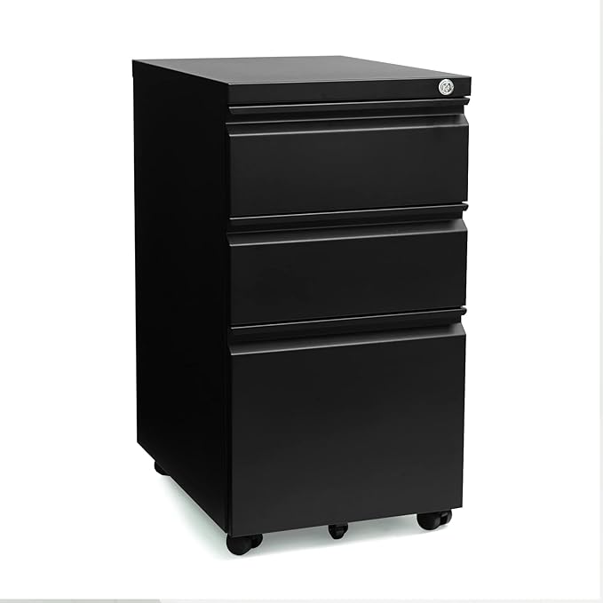 3-Drawer 15.4" W Classic File Cabinet with Lock, Metal Filling Cabinets Suits Legal/Letter Size for Home Office, Fully Assembled Except Wheels, Grey (3-Drawer Widen, Black)