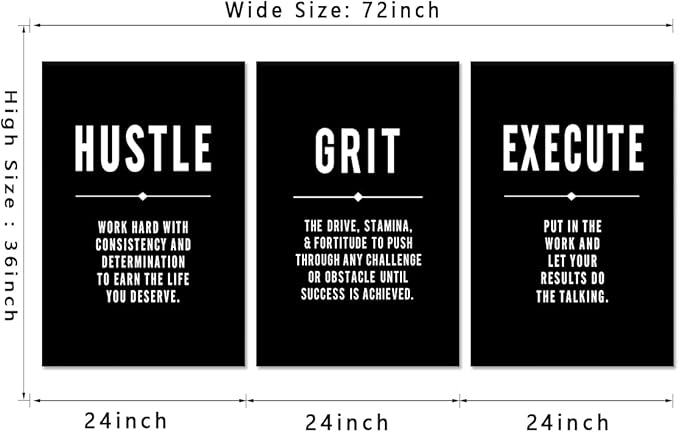 Yatsen Bridge Motivational Wall Art Set Of 3 - Hustle Grind Execute Canvas Prints Black & White Inspirational Quotes Wall Decor Modern Poster for Office, Home, Gym Or Living Room, Large 24"x36"x3