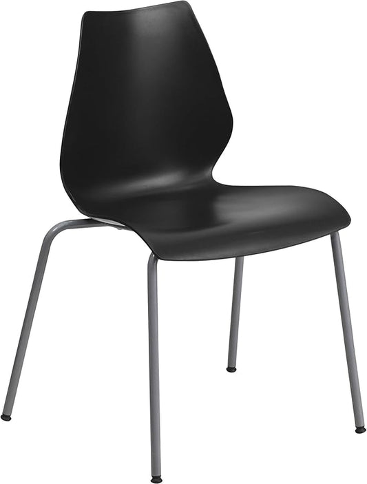 Flash Furniture HERCULES Series 770 lb. Capacity Black Stack Chair with Lumbar Support and Silver Frame